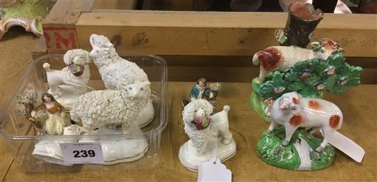 Pair Staffordshire miniature flatbacks, sheep bocage, sheep spill vase, pair standing sheep, similar pair of poodles & a lamb (faults)(